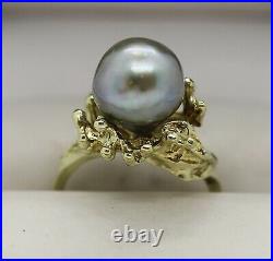 STUNNING 14K Yellow Gold Fancy Black Baroque Pearl in Coral Setting Ring Sz 6.5