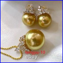 STUNNING AAAA+ 10-11mm south sea Golden ROUND pearl pendant earring set