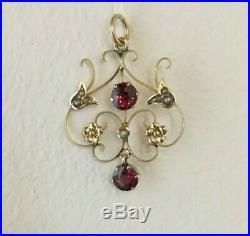 STUNNING ANTIQUE EDWARDIAN 9CT GOLD RUBY and SEED PEARL GEM SET LAVALIER PENDANT