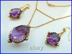 STUNNING ANTIQUE Pendant & Earring Set Amethyst Pearl 9ct Gold Pearl Anniversary