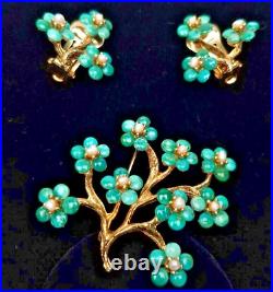 SWOBODA Set Brooch Earrings Genuine Pearl Turquoise Howlite Flower Tree Pin Gold