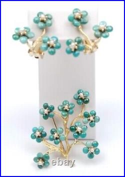 SWOBODA Set Brooch Earrings Genuine Pearl Turquoise Howlite Flower Tree Pin Gold