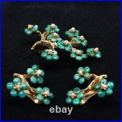 SWOBODA Set Brooch Earrings Genuine Pearl Turquoise Howlite Flower Tree Pin Gold