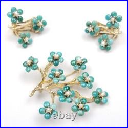 SWOBODA Set Brooch Earrings Genuine Pearl Turquoise Howlite Flower Tree Pin Gold