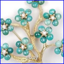 SWOBODA Set Brooch Earrings Genuine Pearl Turquoise Howlite Flower Tree Pin Gold