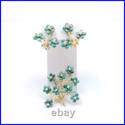 SWOBODA Set Brooch Earrings Genuine Pearl Turquoise Howlite Flower Tree Pin Gold