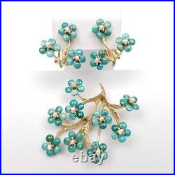 SWOBODA Set Brooch Earrings Genuine Pearl Turquoise Howlite Flower Tree Pin Gold