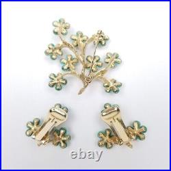 SWOBODA Set Brooch Earrings Genuine Pearl Turquoise Howlite Flower Tree Pin Gold