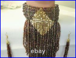 Seed Bead Collar Necklace & Matching Earrings Iridescent Amber & Gold Color Set