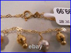 Set 10k Yellow Gold Rose White Gold Lariat Heart Bead Ball Necklace & Earrings