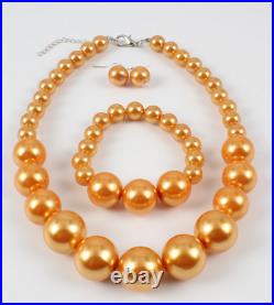 Set 179-15mm South Sea Genuine Gold Round Pearl Necklace Bracelet 7.5 Earring