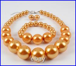 Set 179-15mm South Sea Genuine Gold Round Pearl Necklace Bracelet 7.5 Earring
