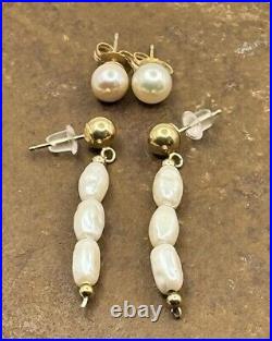 Set 2ps 14K Yellow Gold Pearl Earrings 2.2 gr