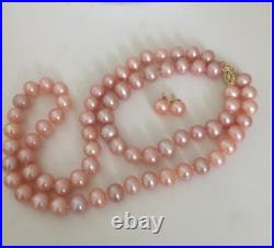 Set 9-10mm South Sea Round Gold Pink Pearl Necklace& Bracelet 7.5-8&earring 14k