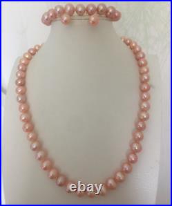 Set 9-10mm South Sea Round Gold Pink Pearl Necklace& Bracelet 7.5-8&earring 14k