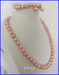Set 9-10mm South Sea Round Gold Pink Pearl Necklace& Bracelet 7.5-8&earring 14k