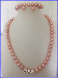 Set 9-10mm South Sea Round Gold Pink Pearl Necklace& Bracelet 7.5-8&earring 14k