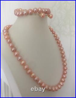 Set 9-10mm South Sea Round Gold Pink Pearl Necklace& Bracelet 7.5-8&earring 14k