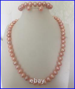 Set 9-10mm south sea round gold pink pearl necklace& bracelet 7.5-8&earring14k