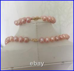 Set 9-10mm south sea round gold pink pearl necklace& bracelet 7.5-8&earring14k