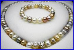 Set 9-10mm south sea white golden pink purple pearl necklace 17 bracelet 7.5