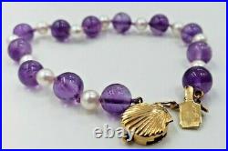 Set Amethyst Beads and Pearls Necklace 33 L and Bracelet with 14 Kt Yellow gold