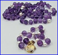 Set Amethyst Beads and Pearls Necklace 33 L and Bracelet with 14 Kt Yellow gold