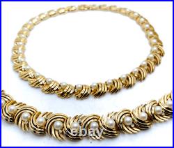 Set CROWN TRIFARI Faux Pearl Rhinestone Gold Tone Necklace & Bracelet w Chain