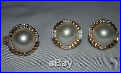 Set, Estate 14K Yellow & White Gold Mabe Pearl Diamond Ring & Matching Earrings