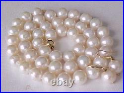 Set Of 10.5mm Genuine White Pearl Necklace & Earrings Solid 14k Yellow Gold