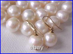 Set Of 10.5mm Genuine White Pearl Necklace & Earrings Solid 14k Yellow Gold