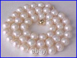 Set Of 10.5mm Genuine White Pearl Necklace & Earrings Solid 14k Yellow Gold