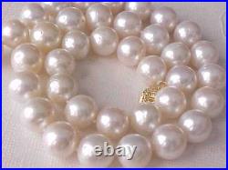 Set Of 11.5mm Genuine White Pearl Necklace & Earrings Solid 14k Yellow Gold