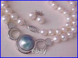 Set Of 13.5mm Mabe Pearl / 7.5mm White Pearl Necklace & Earrings 14k White Gold