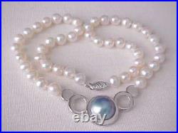Set Of 13.5mm Mabe Pearl / 7.5mm White Pearl Necklace & Earrings 14k White Gold