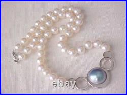 Set Of 13.5mm Mabe Pearl / 7.5mm White Pearl Necklace & Earrings 14k White Gold