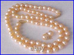 Set Of 8.5mm Aaa Genuine Peach Pearl, Bracelet & Earring Solid 14k Y. Gold