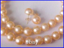 Set Of 8.5mm Aaa Genuine Peach Pearl, Bracelet & Earring Solid 14k Y. Gold