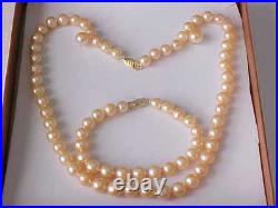 Set Of 8.5mm Aaa Genuine Peach Pearl, Bracelet & Earring Solid 14k Y. Gold