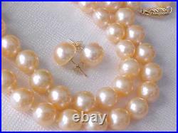 Set Of 8.5mm Aaa Genuine Peach Pearl, Bracelet & Earring Solid 14k Y. Gold
