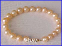 Set Of 8.5mm Aaa Genuine Peach Pearl, Bracelet & Earring Solid 14k Y. Gold