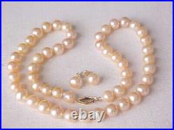 Set Of 8.5mm Aaa Pinkpeach Pearl Necklace & Stud Earrings 14k Yellow Gold