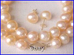 Set Of 8.5mm Aaa Pinkpeach Pearl Necklace & Stud Earrings 14k Yellow Gold