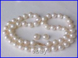 Set Of 8.5mm Genuine Round White Pearl Necklace & Stud Earrings 14k Yellow Gold
