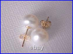 Set Of 8.5mm Genuine Round White Pearl Necklace & Stud Earrings 14k Yellow Gold