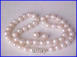 Set Of 8.5mm Genuine White Pearl Necklace & Stud Earrings 14k Yellow Gold