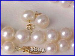 Set Of 8.5mm Genuine White Pearl Necklace & Stud Earrings 14k Yellow Gold
