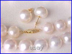 Set Of 9.5mm Aaa Genuine White Pearl Necklace & Earrings Solid 14k Yellow Gold