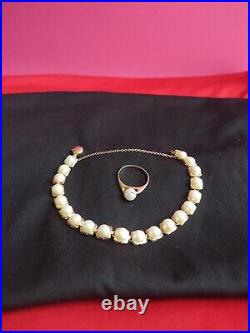 Set Of Ring & Bracelet 14k Yellow Gold And Pearl