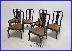 Set Of Six Asian Black Laquered Mother Pearl Gold Leaf Dining Room Chairs